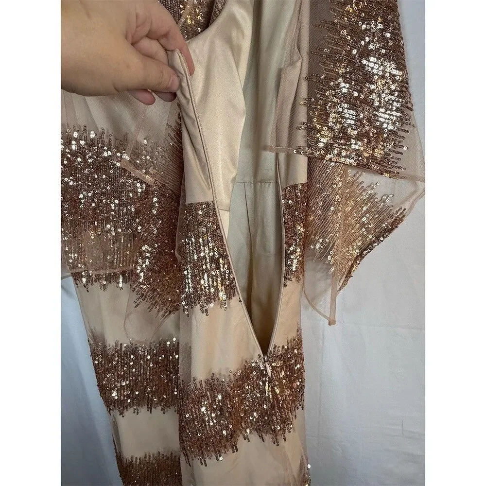 Belle Badgley Mischka Dress Womens 6 Beige Sequin Stripe Sheer Cape Cocktail - Picture 12 of 16